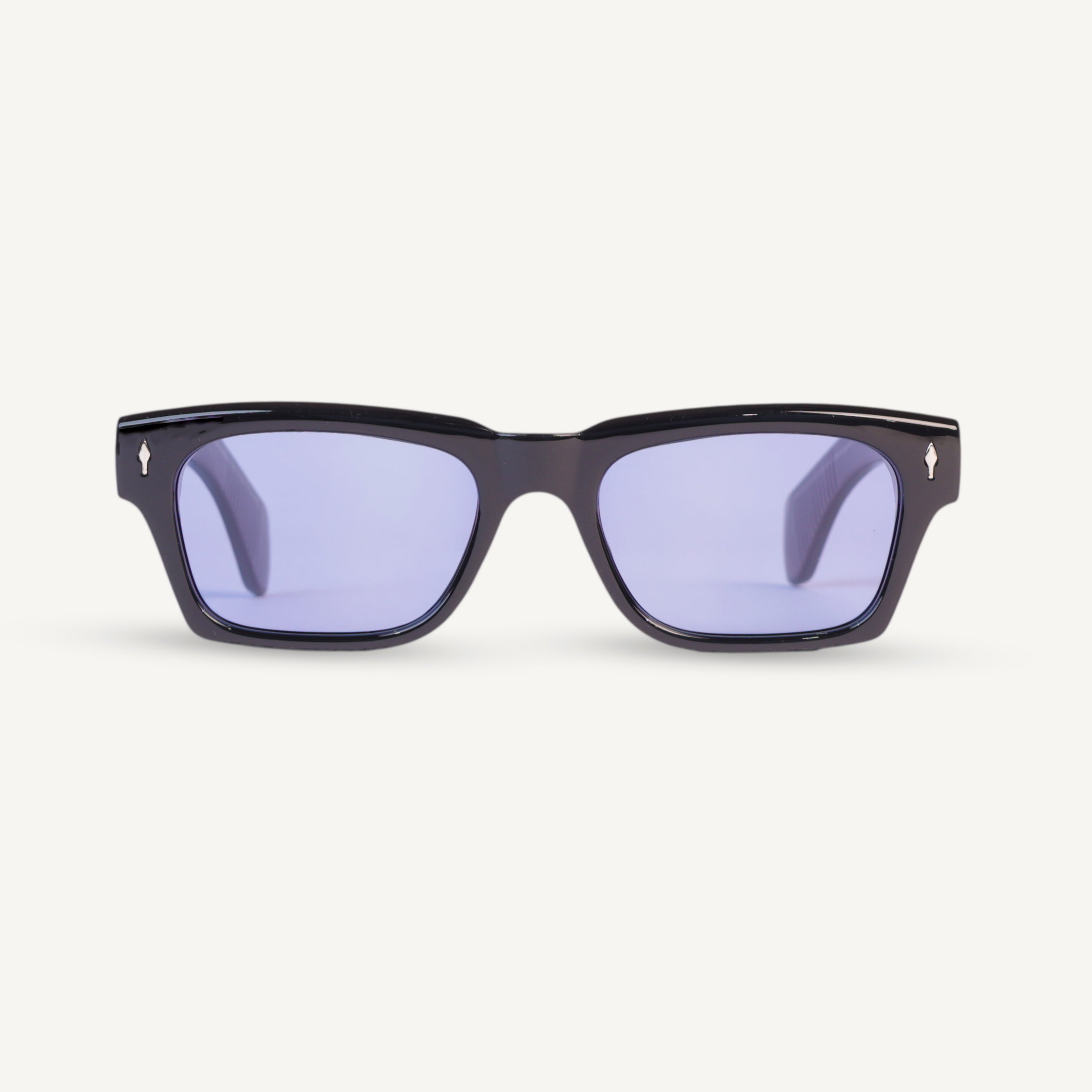 Black sunglasses with blue lenses on a white background