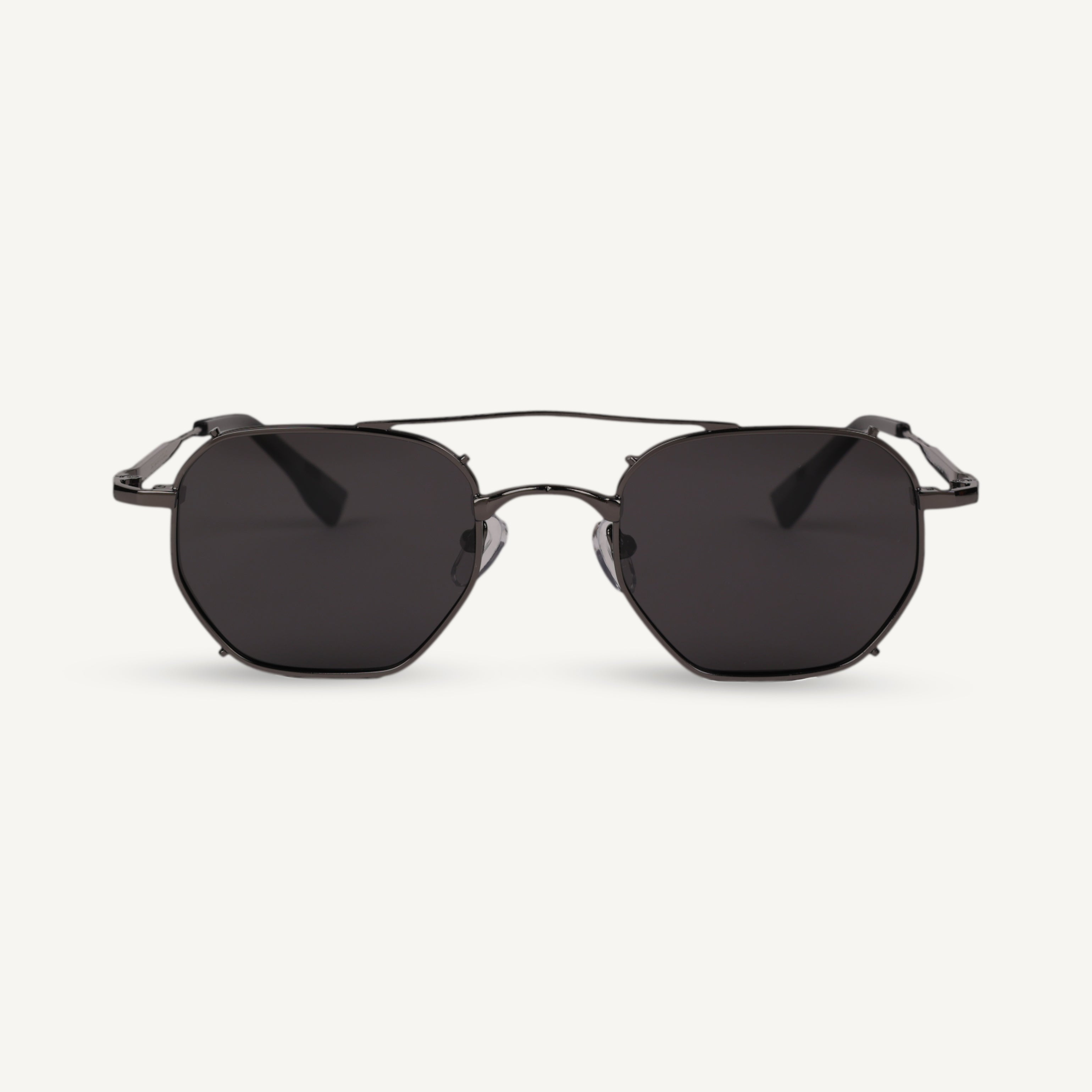Black sunglasses with a thin frame on a white background