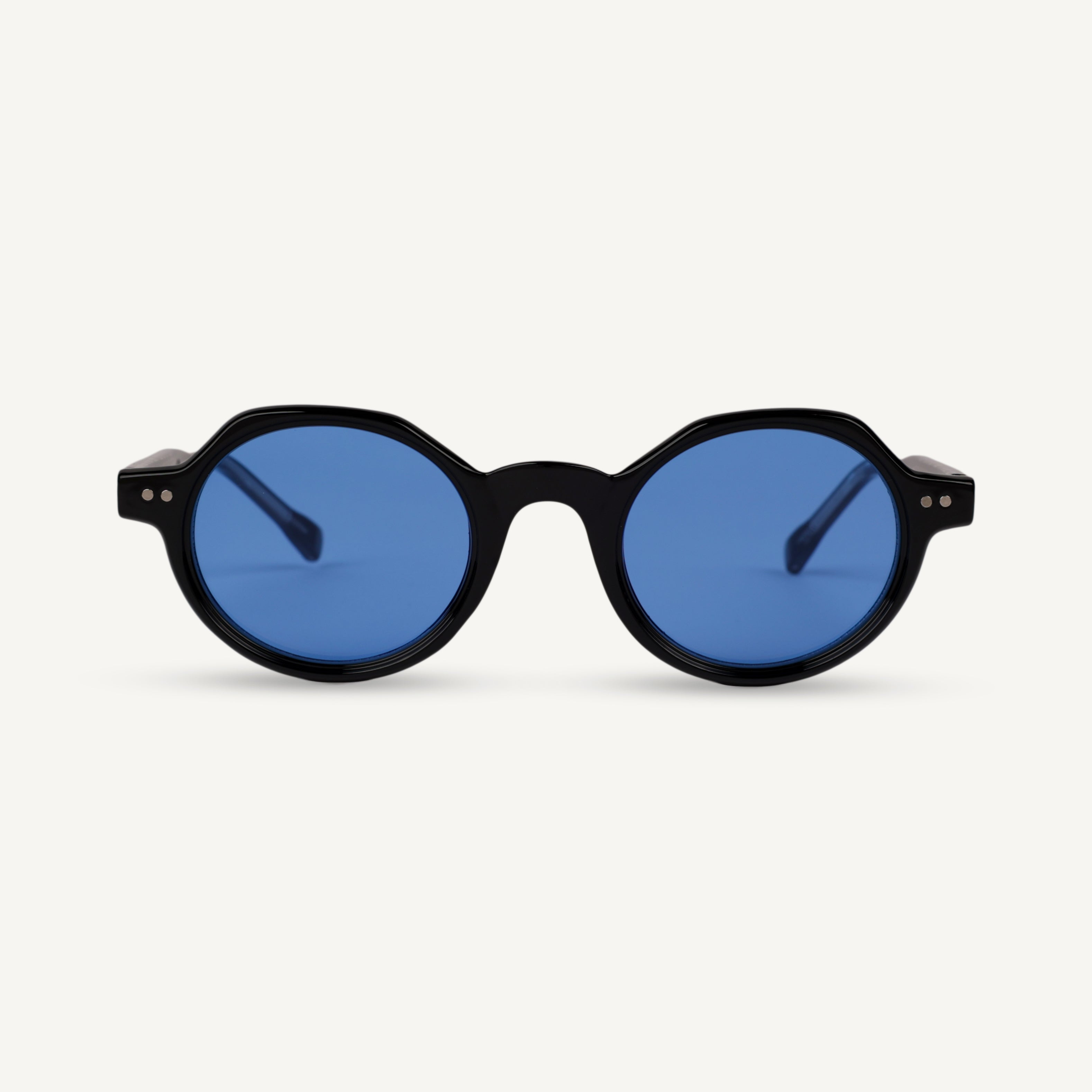 Black round sunglasses with blue lenses on a white background
