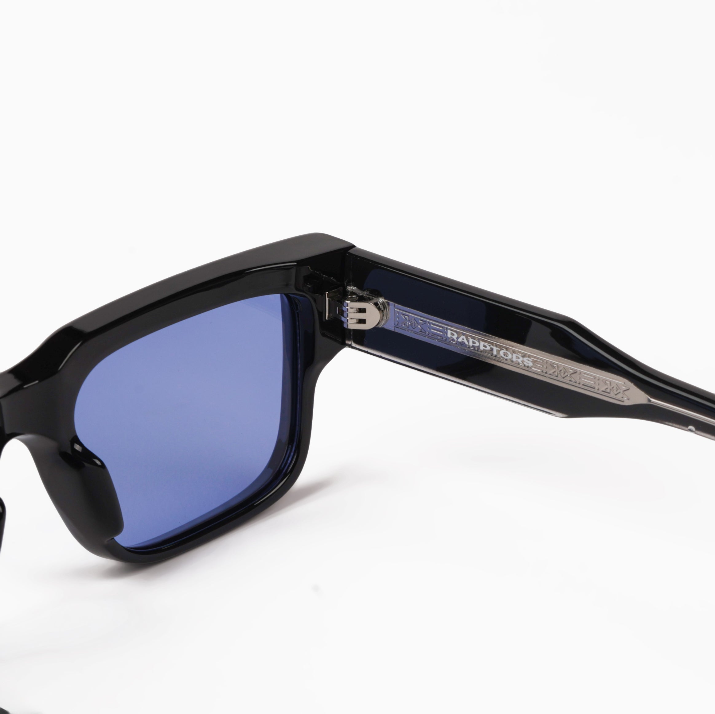 Black sunglasses with blue lenses on a white background