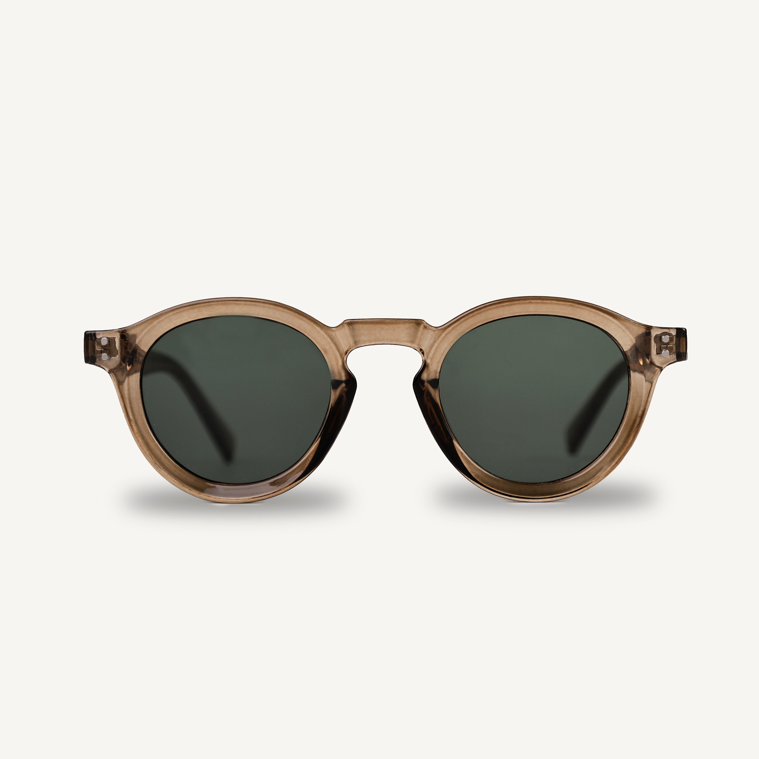 Brown frame sunglasses with green lenses on a white background
